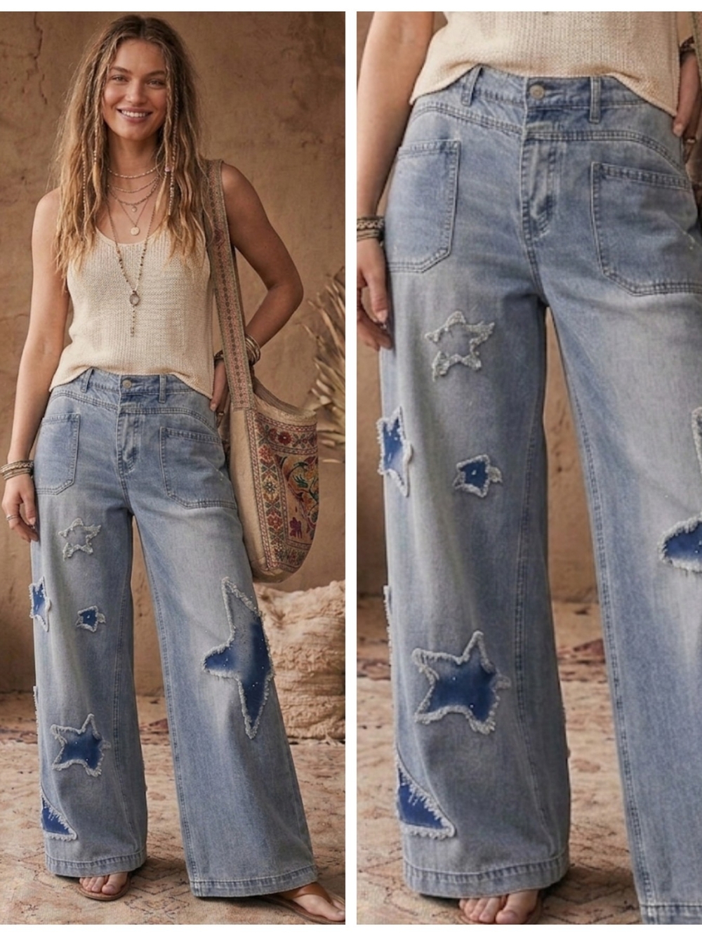 Wide-Leg Light Wash Jeans with Star Patch Details - Blue